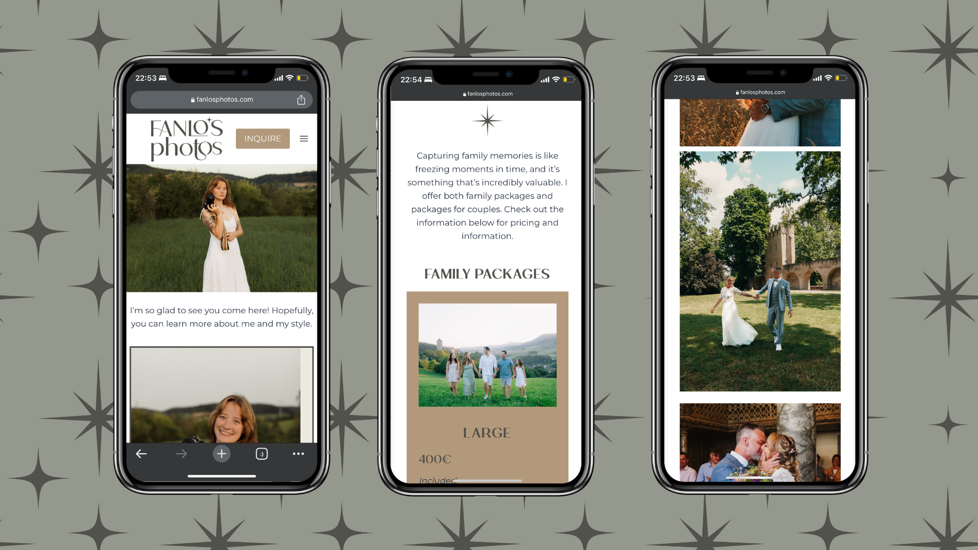Mockup image of Fanlo's Photos Brand Pattern in the Background with 3 phones with image of Fanlo's Photos Website 