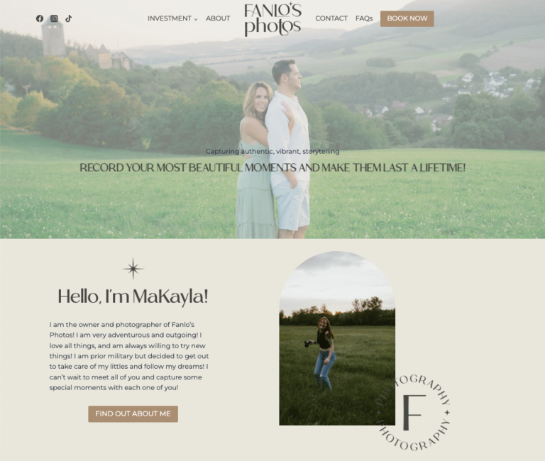 Image of Fanlo's Photo Website with an image of a couple in the hero section with text overlay and bio of MaKayla, the owner of Fanlo's Photos
